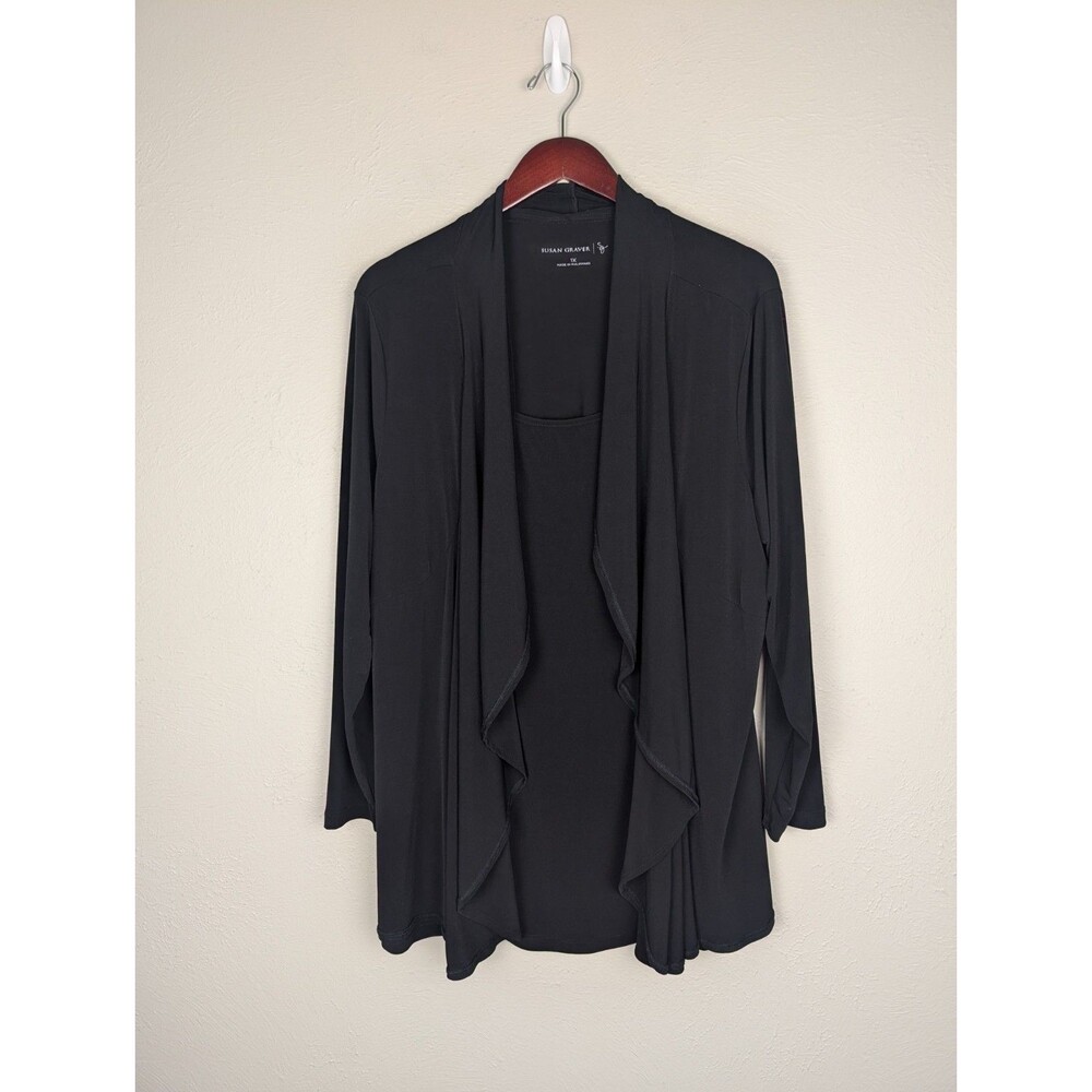 Susan Graver Black Liquid Knit Layered Look Cardigan Top (One Piece) Size 1X